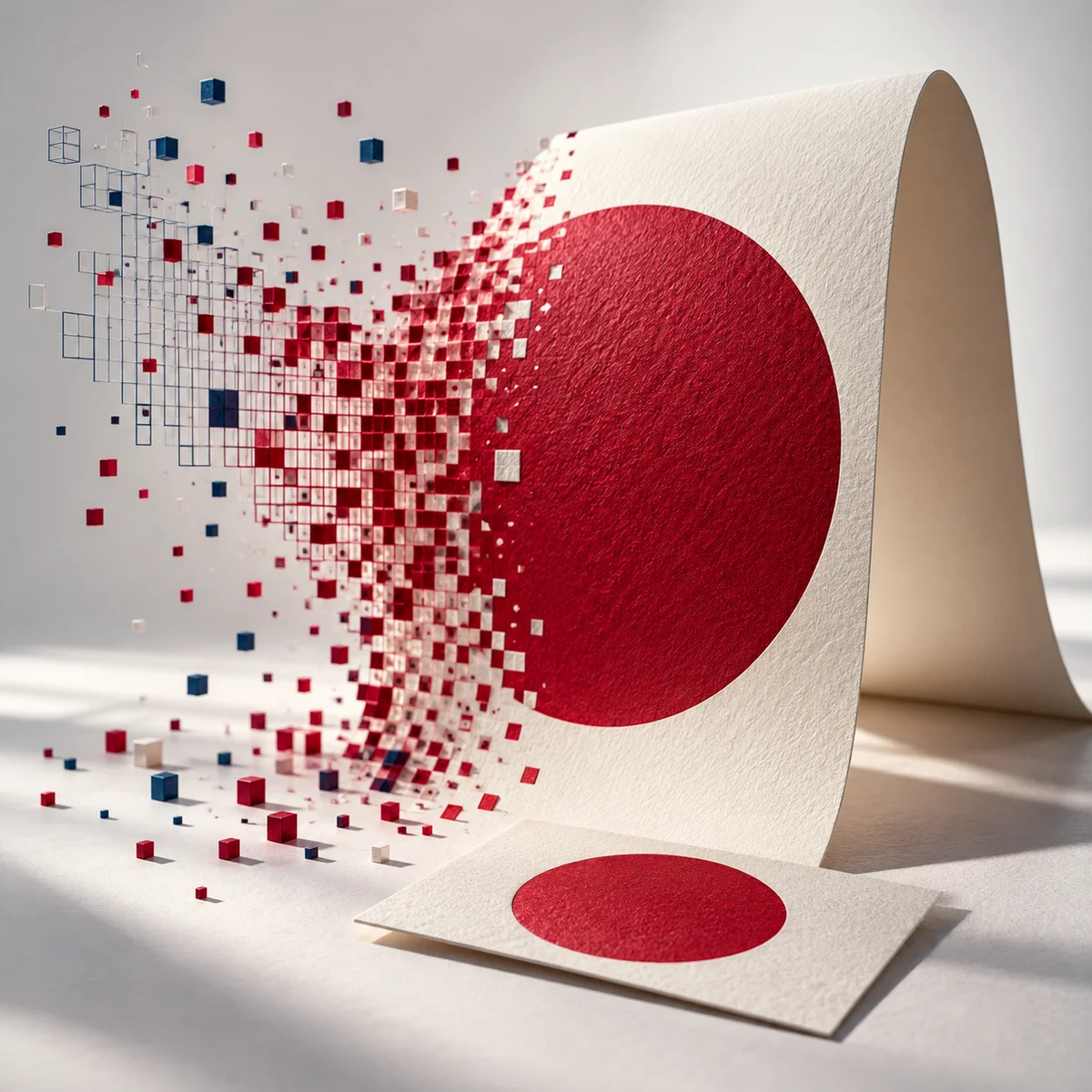Conceptbeeld: digitale pixels vormen samen een tastbare papieren kaart met een rode cirkel.