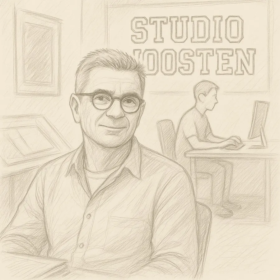 Tekening van Martien Joosten in de studio, met op de achtergrond een collega achter de computer.